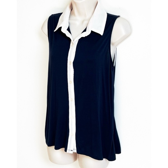 Pinque High Low Women’s Button Down Collared Tank Top Navy Blue Cream White M - Picture 1 of 6